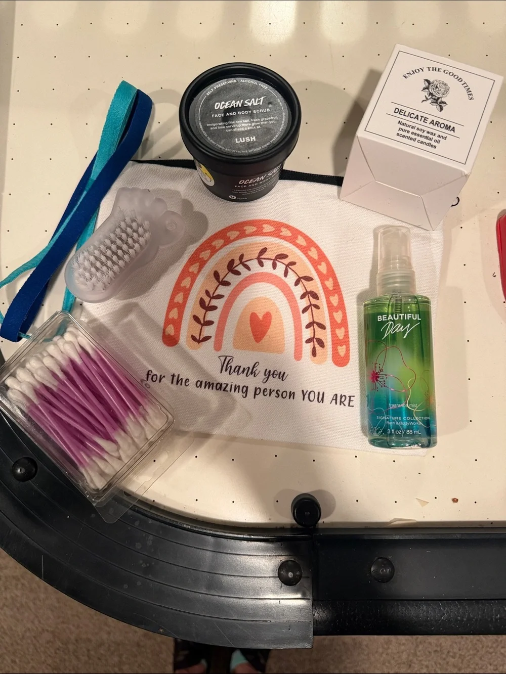 Girls Self Care Kit - Body Mist, Rainbow Gift Pouch, Candle, Pedi Brush Qtips